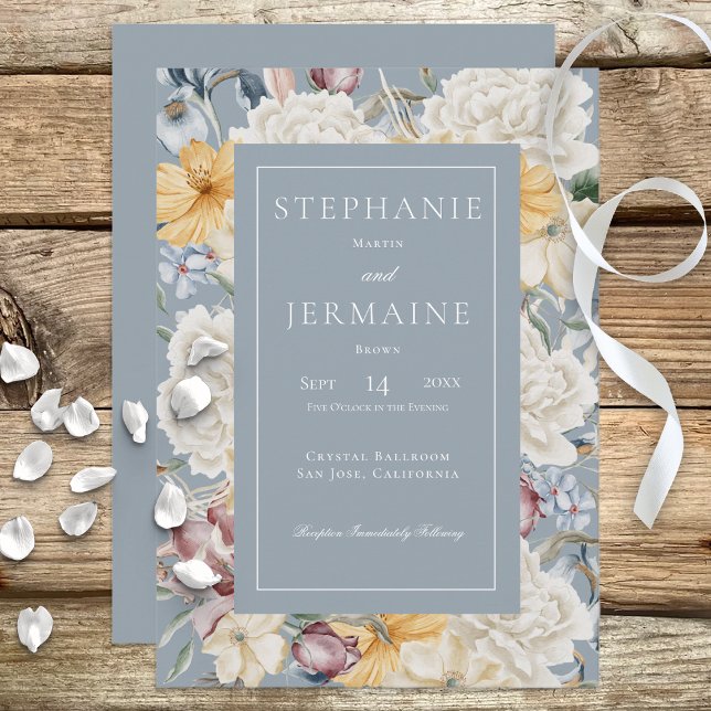 Floral Bleu Jaune & Blanc Sur Invitation Bleue (Créateur téléchargé)