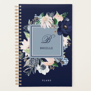 Floral bleu marine et rose   Nom et monogramme