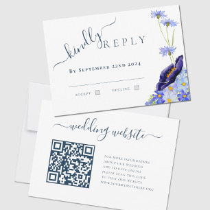 Floral bleu moderne QR Code Mariage Réponse