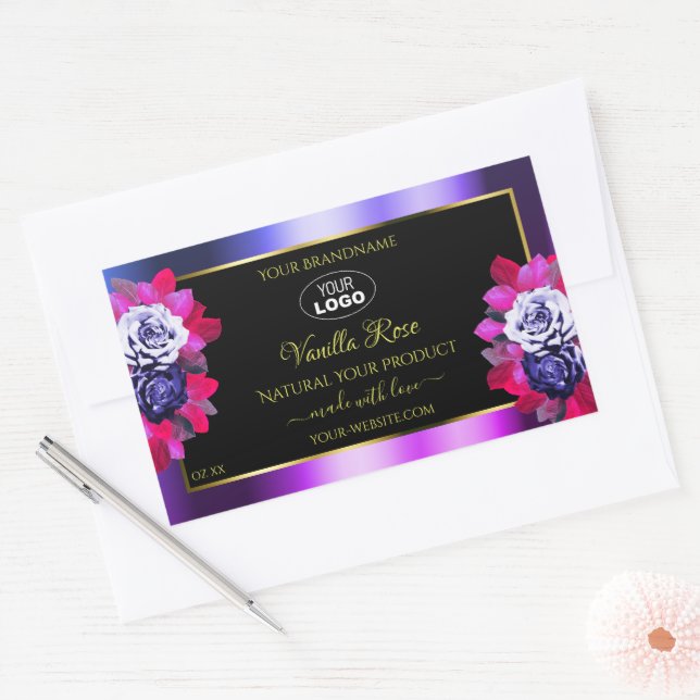 Floral bleu rose violet noir Étiquette Logo (Enveloppe)