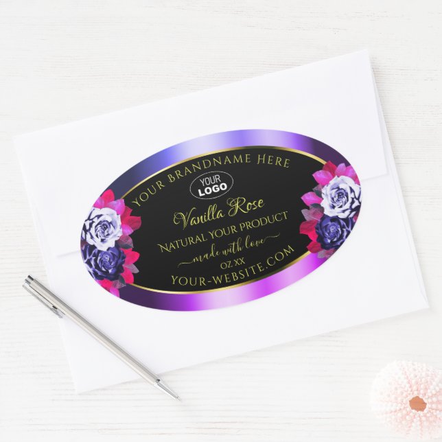 Floral bleu rose violet noir Étiquette Logo (Enveloppe)