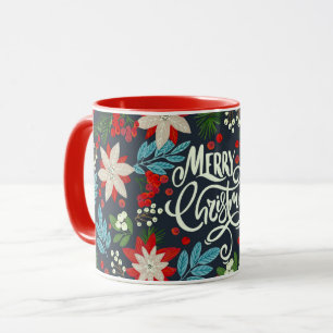 Floral bleu rouge Noël lettrage Mug