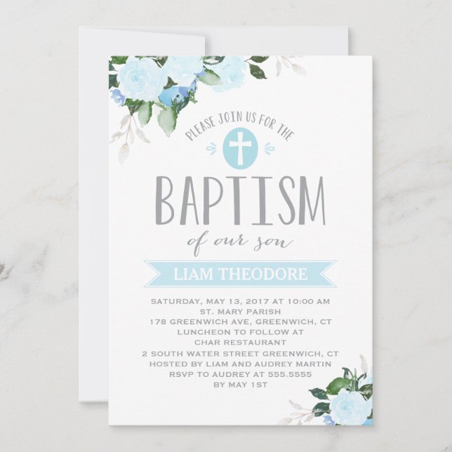 Floral Blooms| Bleu | Invitation au baptême (Devant)