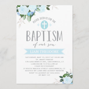 Floral Blooms Bleu Invitation au baptême