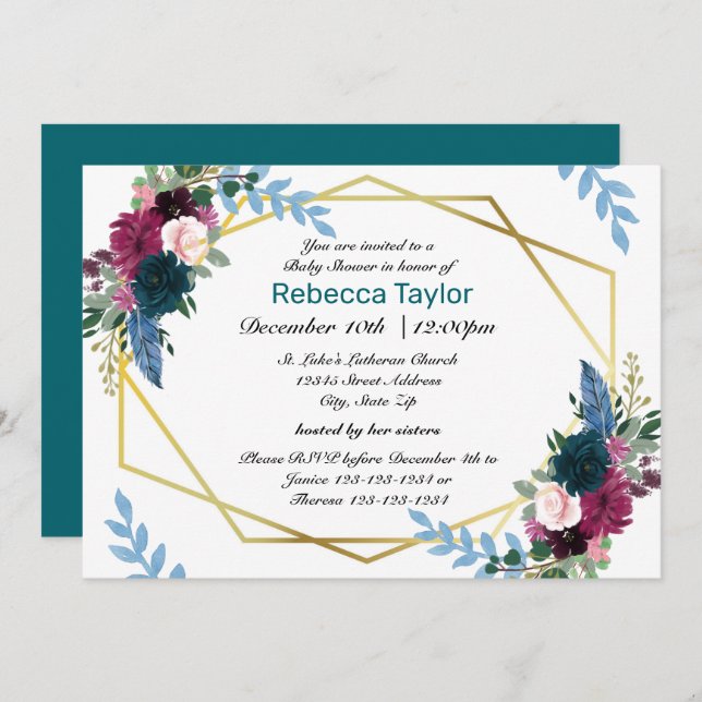 Floral Blooms Mod Turquoise - Invitation Baby show (Devant / Derrière)