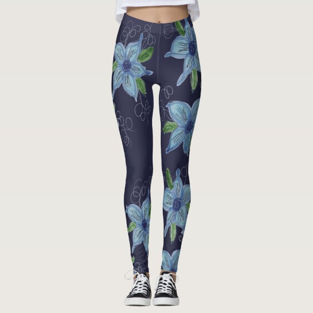 Floral Blue Denim Coloured Star Leggings (Devant)