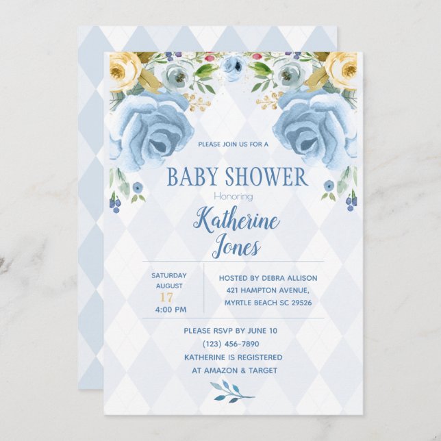 Floral Blue Diamond Baby Boy Shower Invitation (Devant / Derrière)