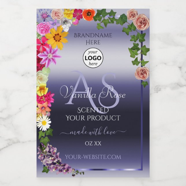 Floral Blue Product Packaging Étiquettes Monogramm (Étiquettes simples)
