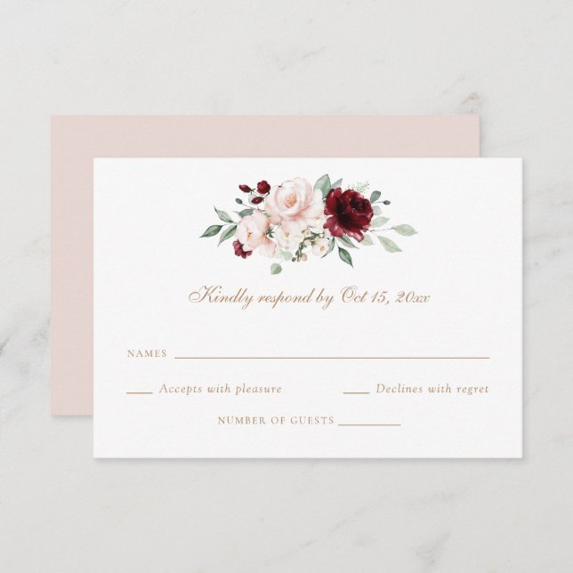 Floral Blush Bourgogne vert mariage carte RSVP (Devant / Derrière)