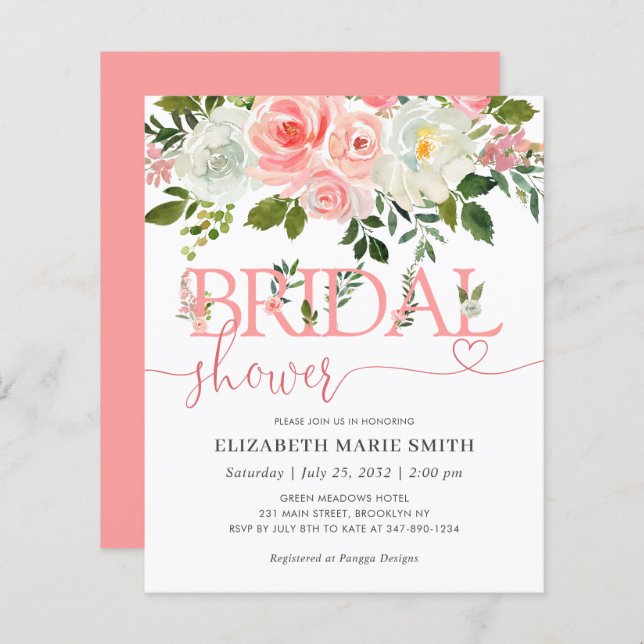 Floral Blush rose Budget Nuptiale Douche Invitatio (Devant / Derrière)