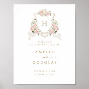 Floral Blush Rose Crest Monogramme Affiche de bien