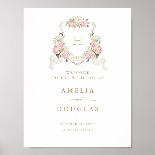 Floral Blush Rose Crest Monogramme Affiche de bien (Devant)