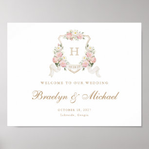 Floral Blush Rose Crest Monogramme Affiche de bien