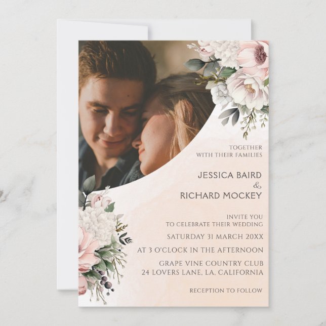 Floral Blush rose Mariage Photo Invitation (Devant)
