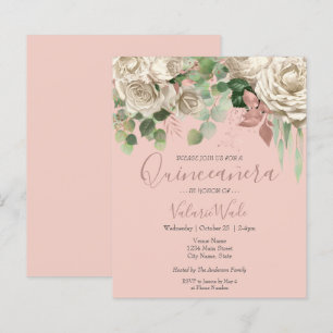 Floral Blush rose Quinceanera Budget Invitation