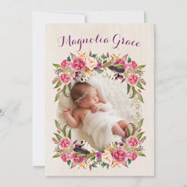 Floral Boho Baby Girl Cartes Faire-part de naissan (Devant)