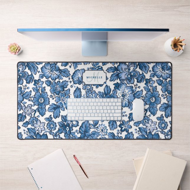 Floral Boho bleu avec nom et monogramme (Bureau 1)