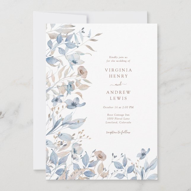 Floral Boho Blue Faire-part de mariage (Devant)