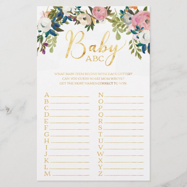Floral Boho Chic Baby shower ABC Jeu (Devant)