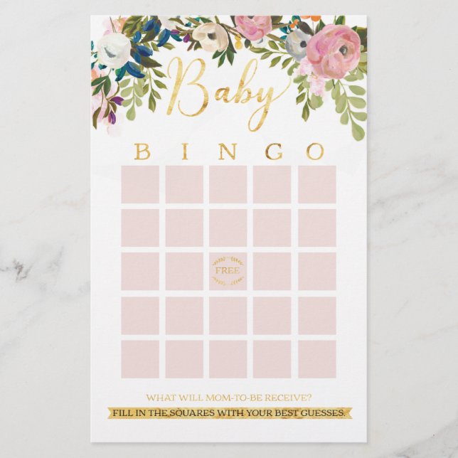 Floral Boho Chic Baby shower Jeu de Bingo (Devant)