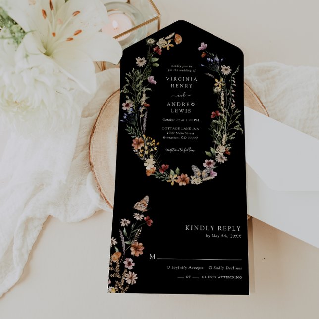 Floral Boho noir tout en un mariage Invitation (Black Boho Floral All in One Wedding Invite with Butterfly by Painted Paperie
)