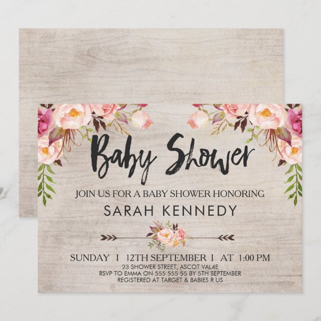 Floral Boho Rustic Baby shower Invitation (Devant / Derrière)