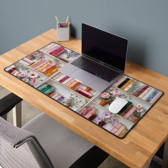 Floral Bookshelf Desk Mat | Book Lover Mouse Pad (Bureau 2)