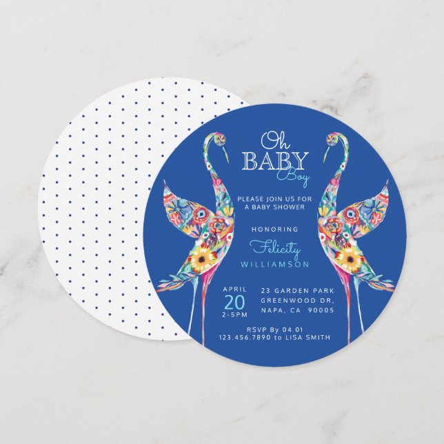 Floral Botanical Stork Baby Boy Shower Invitation (Devant / Derrière)