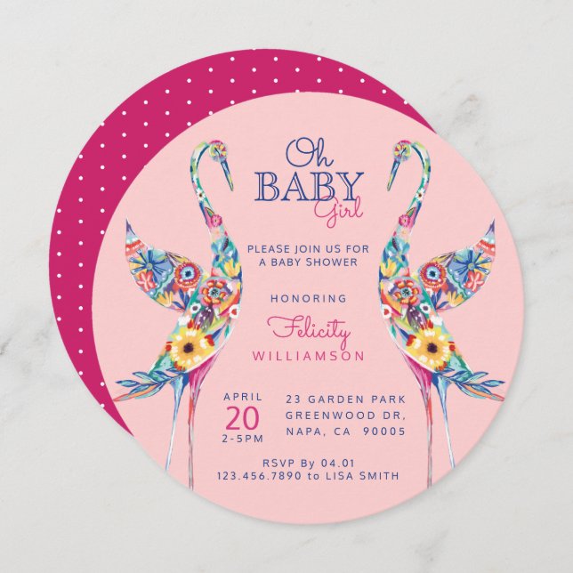Floral Botanical Stork Baby Girl Shower Invitation (Devant / Derrière)