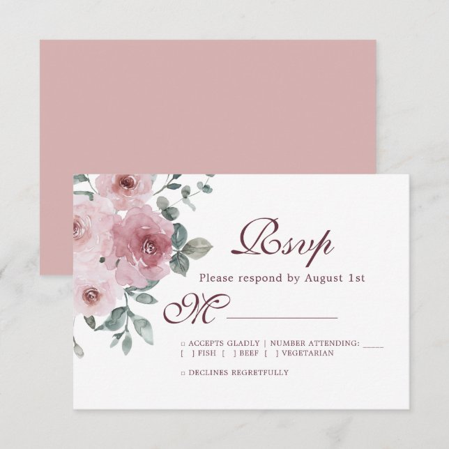 Floral Bourgogne Dusty Rose Mariage RSVP (Devant / Derrière)