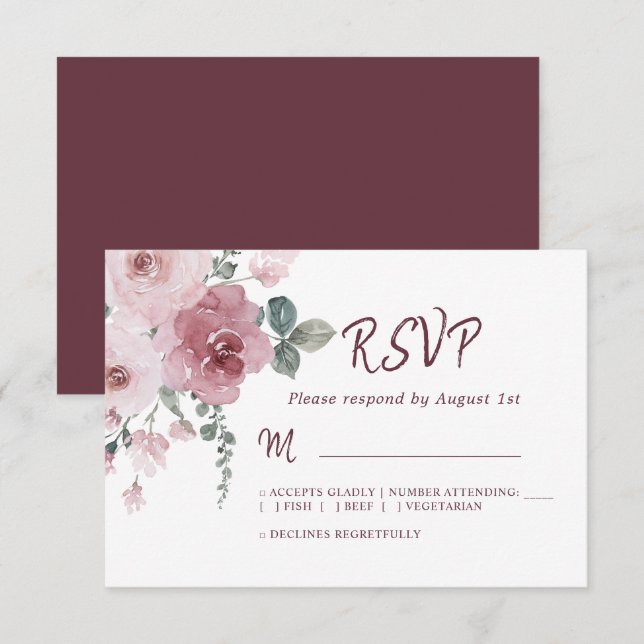 Floral Bourgogne Dusty Rose Mariage RSVP (Devant / Derrière)