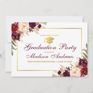 Floral Bourgogne Gold Frame Invitation de la fête