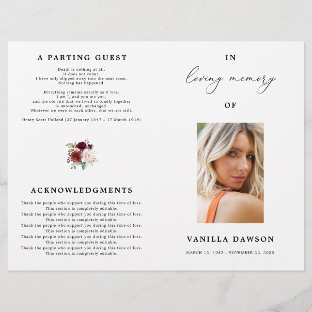 Floral Bourgogne Programme De Célébration De La Vi (Devant)