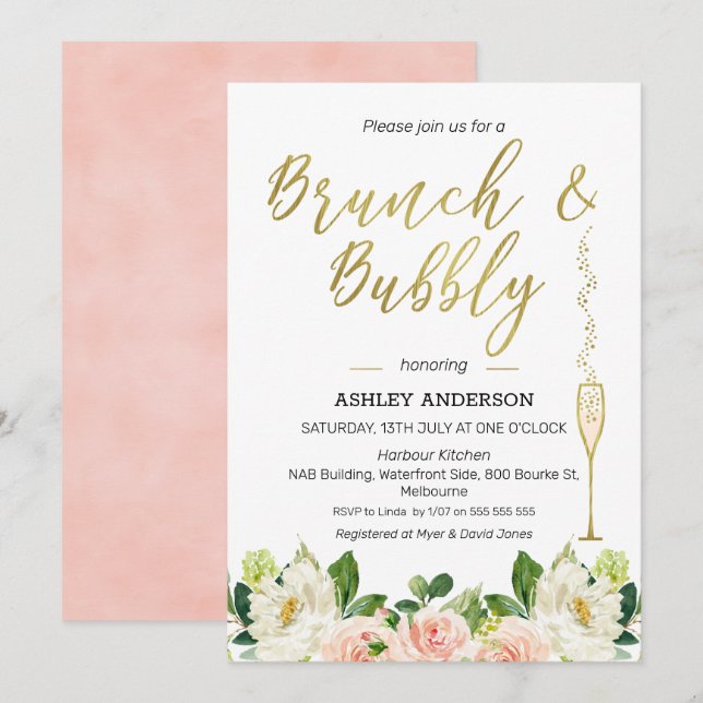 Floral Brunch Bubbly Invitation de douche nuptiale (Devant / Derrière)