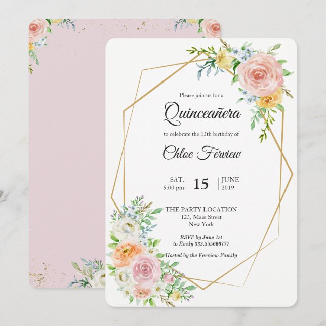 Floral brush élégant Quinceañera invitation (Devant / Derrière)