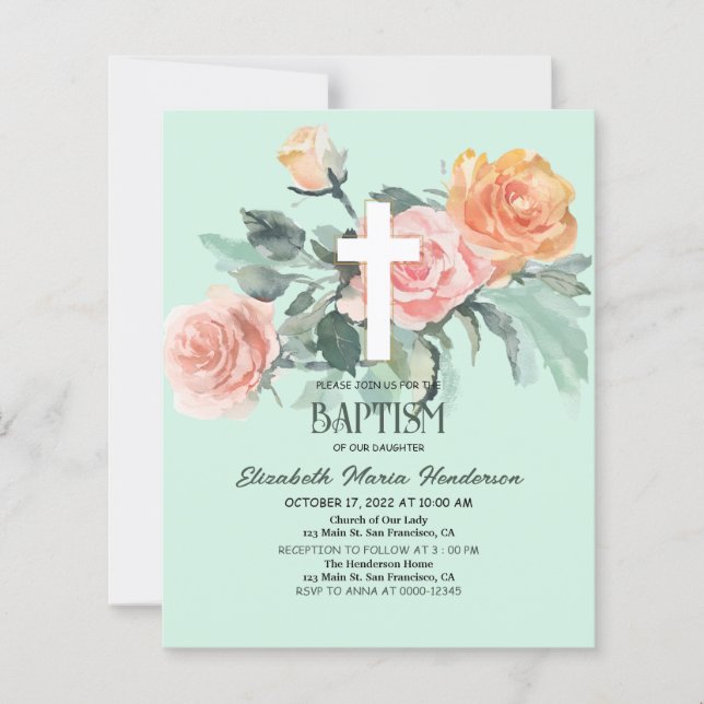 Floral BUDGET Girl Baptism Invitation. (Devant)