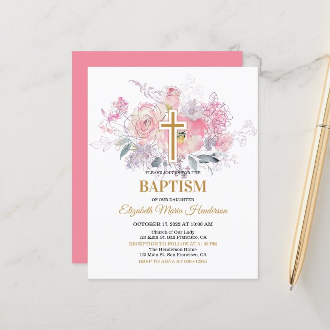 Floral/BUDGET- Invitation Baptême Fille. (Devant/Arrière en situation)
