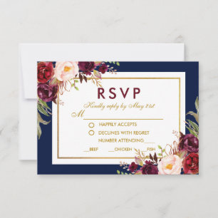 Floral Burgundy Blue Gold Wedding RSVP