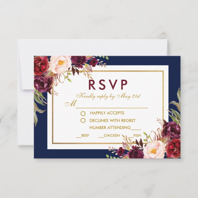 Floral Burgundy Blue Gold Wedding RSVP (Devant)
