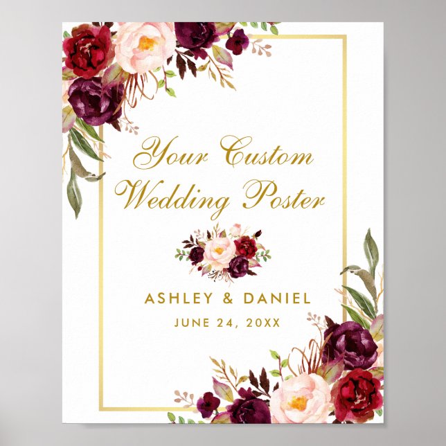 Floral Burgundy Gold Wedding Custom Poster (Devant)