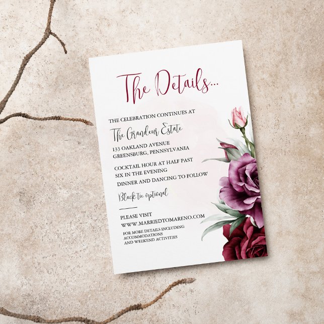 Floral Burgundy Greenery Mariage Détails Carte (Créateur téléchargé)