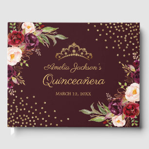 Floral Burgundy Sparkle Quinceanera Livre d'or