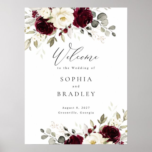 Floral Burgundy White Gold Mariage Affiche de bien (Devant)