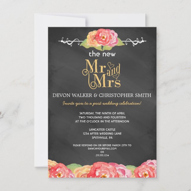Floral Chalkboard Post Mariage Fête Invitation (Devant)