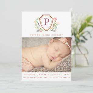 Floral Crest Baby Girl Faire-part de naissance