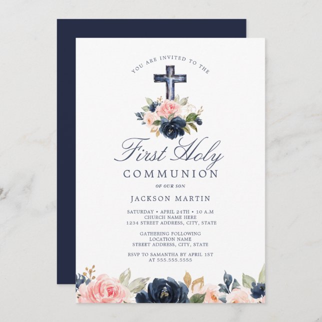 Floral Cross Boys First Communion Invitation (Devant / Derrière)