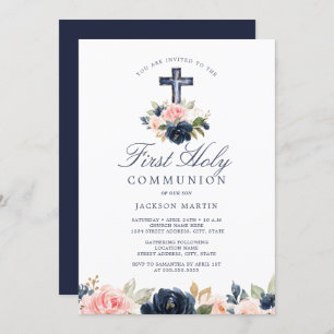 Floral Cross Boys First Communion Invitation