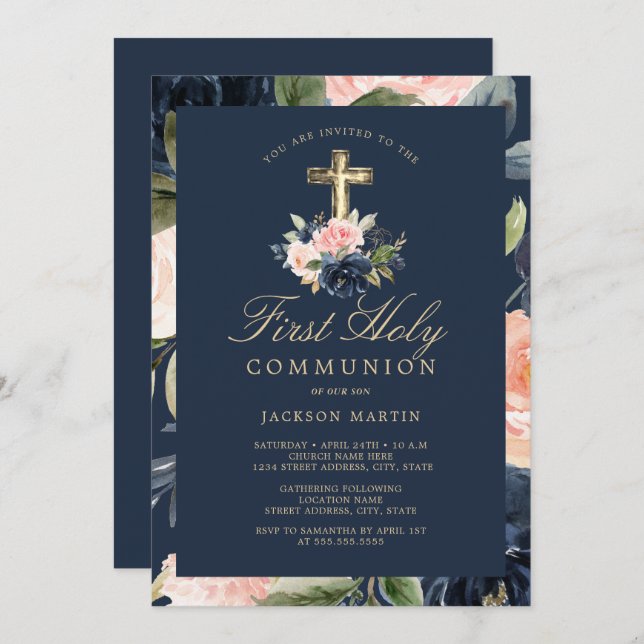 Floral Cross Navy Boys First Communion Invitation (Devant / Derrière)