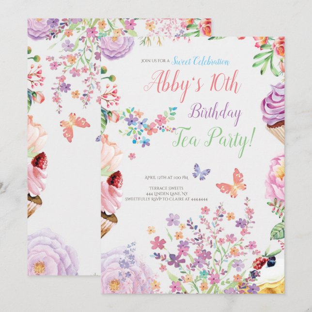 Floral Cupcake Anniversaire Tea Party Invitation (Devant / Derrière)