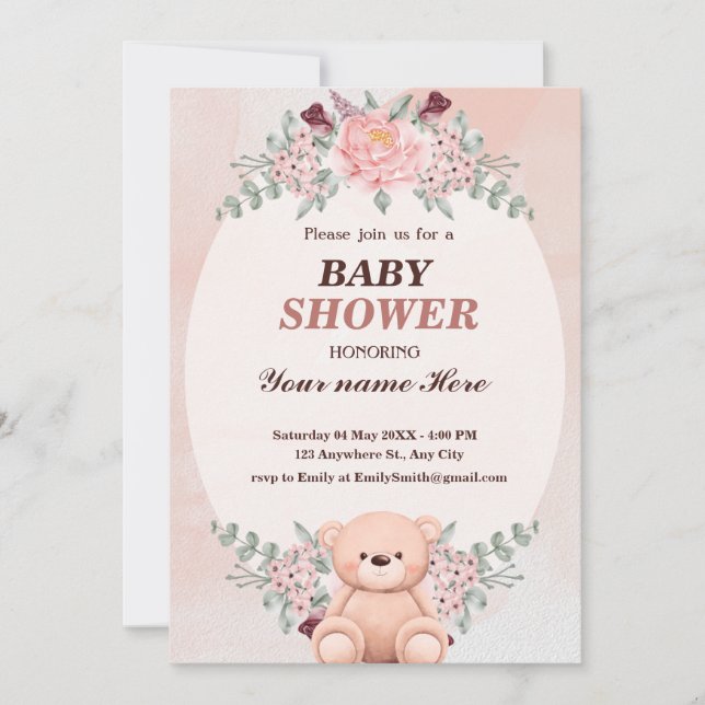 Floral Cute Bear Bébé invitations de douche pour f (Devant)